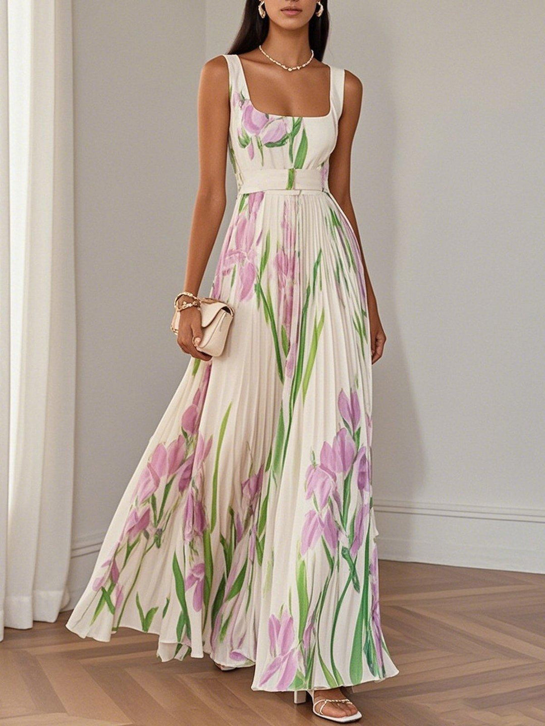 Wilma | Pleated Maxi Dress with Floral Pattern