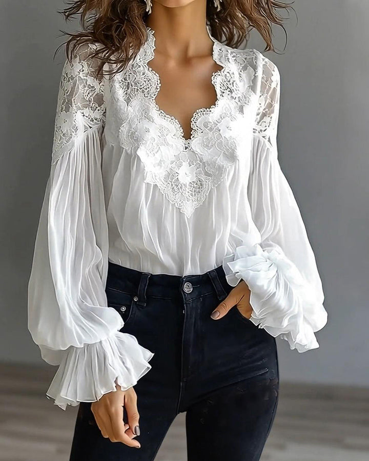Lace Women's Blouse | with V-neck and puffed sleeves