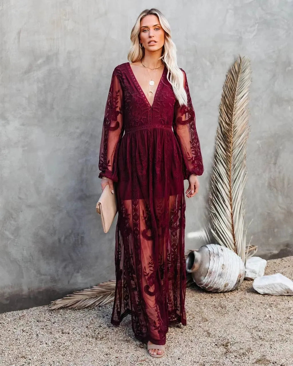 Maxi Dress for Women with Lace and V-Neck