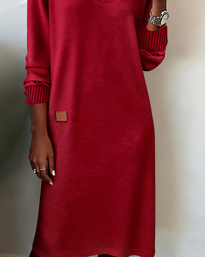 Women's Knit Dress with V-Neck and Long Sleeves