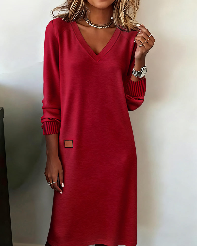 Women's Knit Dress with V-Neck and Long Sleeves