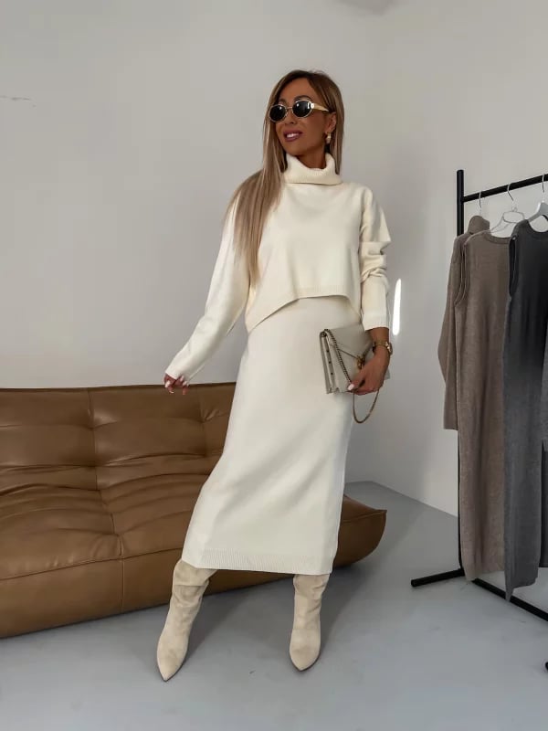 Knit set with turtleneck and midi skirt – minimalist style