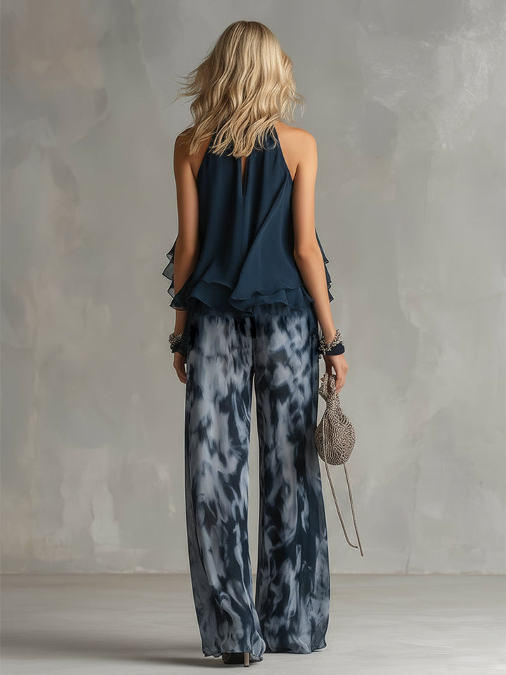 Ludovica – Chic Ensemble with High-Collared Blouse and Flowing Printed Pants