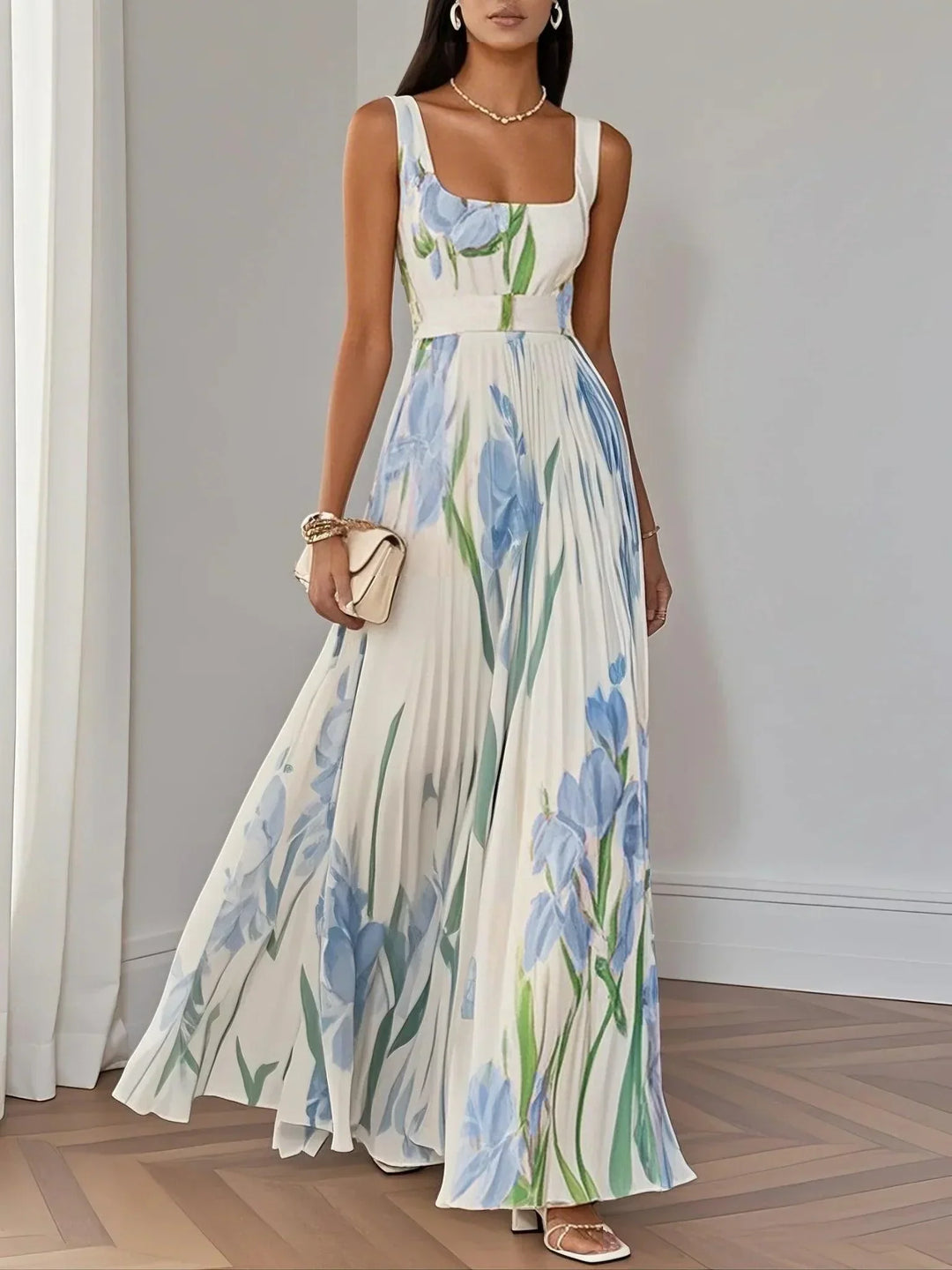 Marie | Pleated Floral Chiffon Maxi Dress