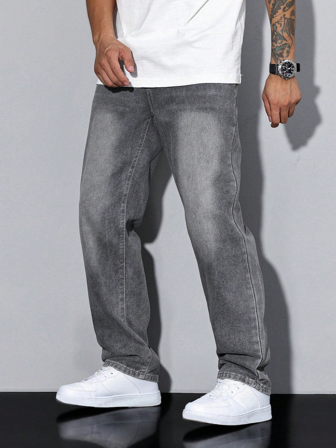 Men's Straight Denim Jeans with a Faded Effect