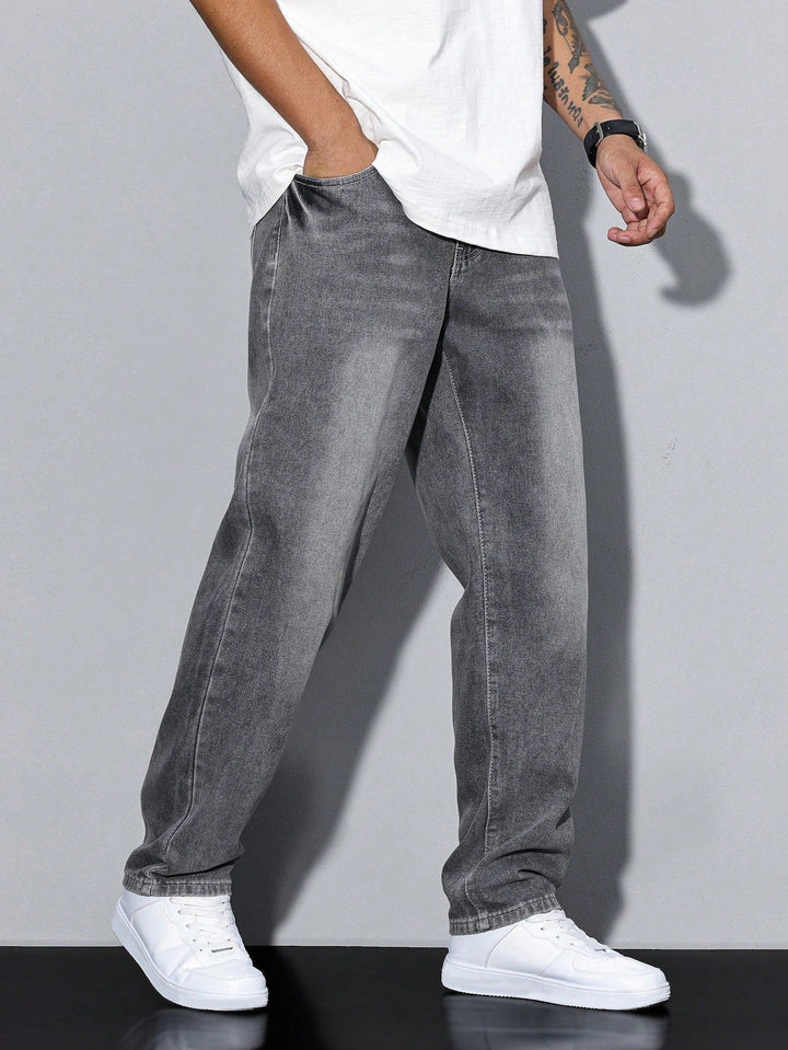Men's Straight Denim Jeans with a Faded Effect