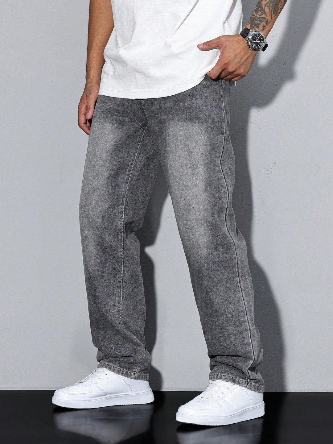 Men's Straight Denim Jeans with a Faded Effect