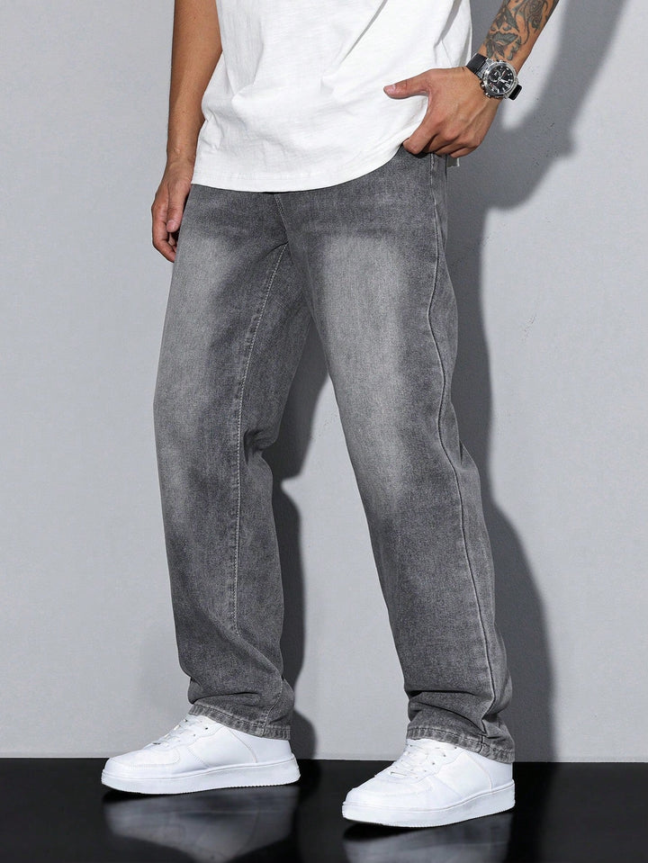 Men's Straight Denim Jeans with a Faded Effect
