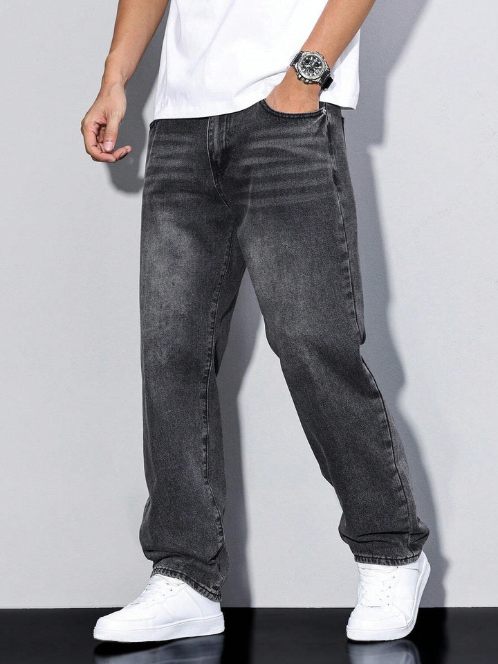 Men's Straight Denim Jeans with a Faded Effect