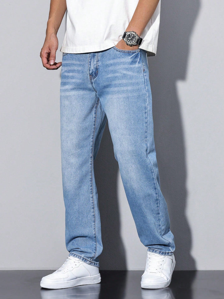 Men's Straight Denim Jeans with a Faded Effect