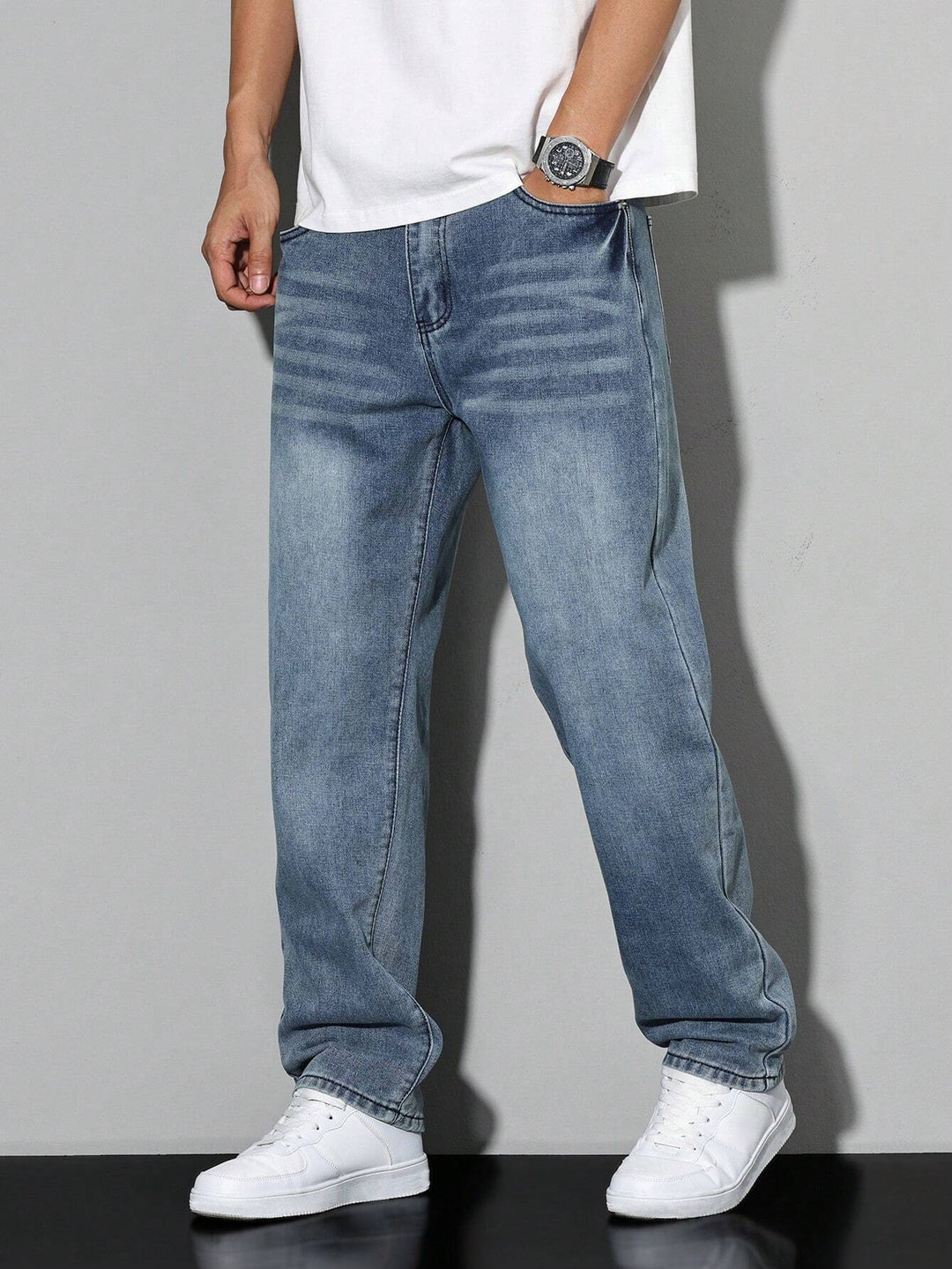 Men's Straight Denim Jeans with a Faded Effect
