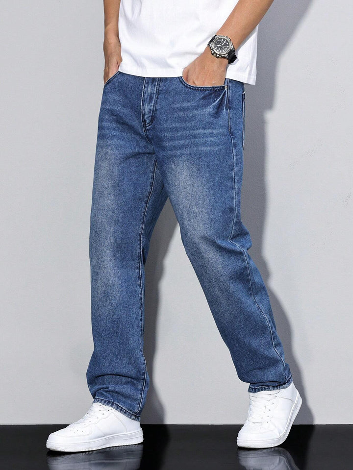 Men's Straight Denim Jeans with a Faded Effect