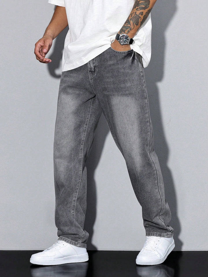 Men's Straight Denim Jeans with a Faded Effect