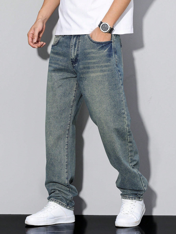 Men's Straight Denim Jeans with a Faded Effect