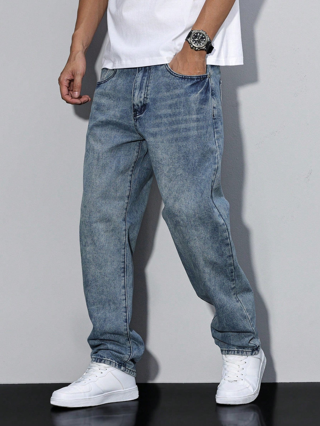 Men's Straight Denim Jeans with a Faded Effect