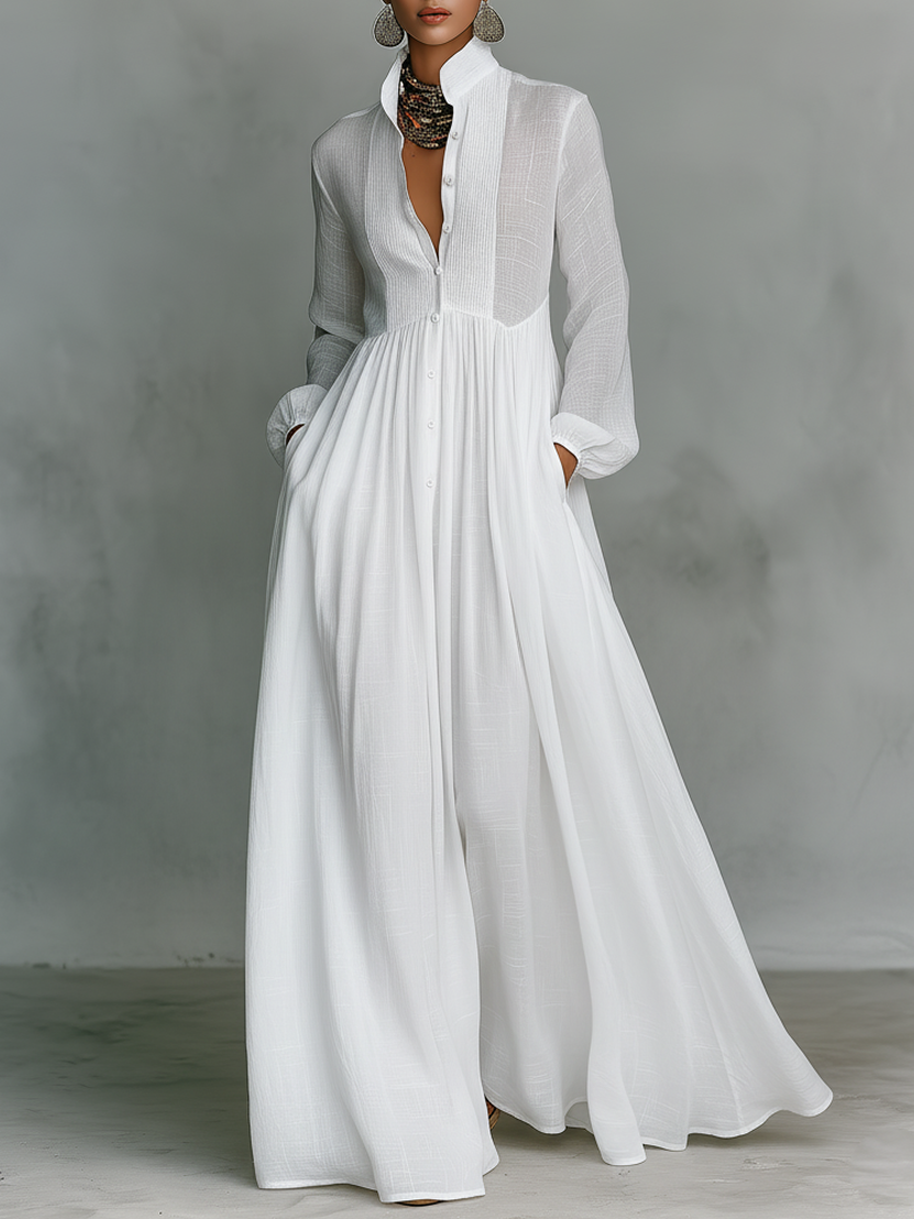 Minimalist Maxi Dress Made of Cotton and Linen with Buttons