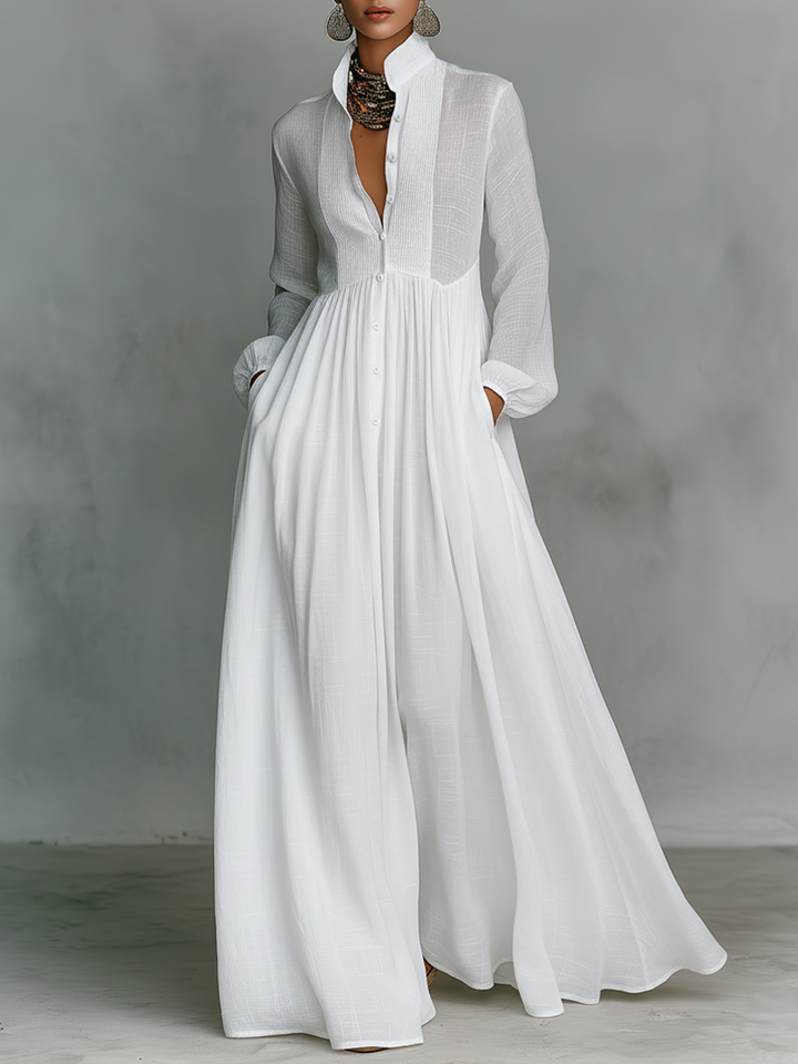 Minimalist Maxi Dress Made of Cotton and Linen with Buttons