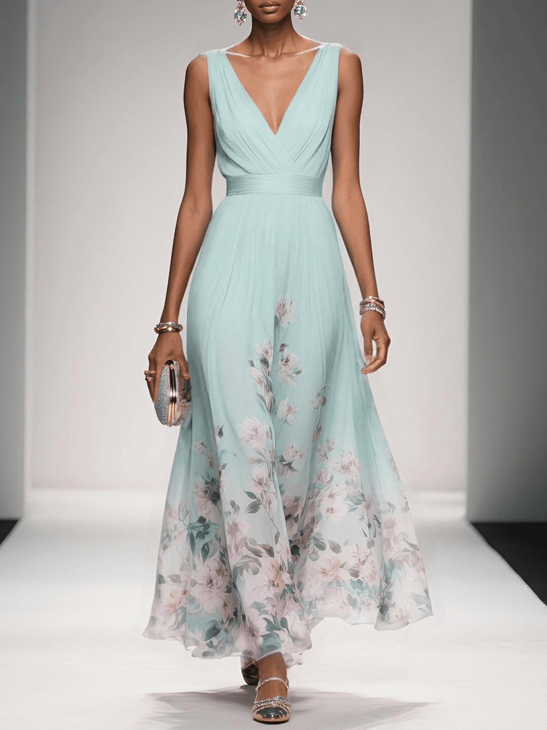 Rose | Light Blue Floral V-Neck Maxi Dress