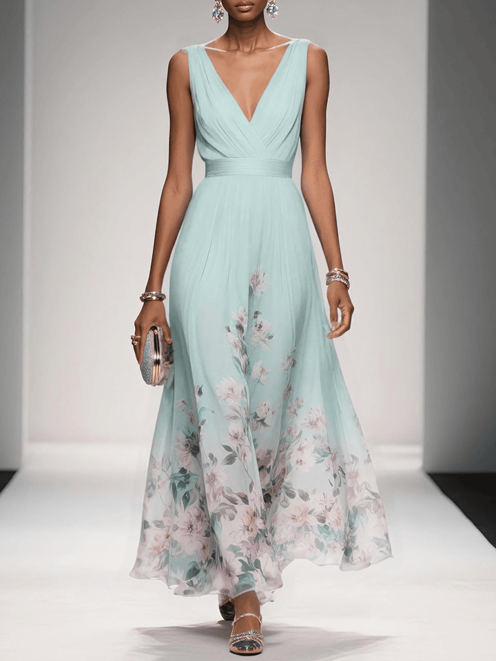 Rose | Light Blue Floral V-Neck Maxi Dress
