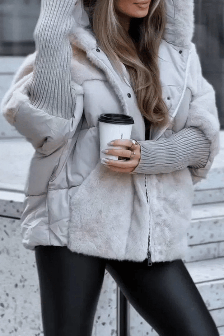 Women's Winter Jacket with Hood, Long Sleeves, and Fur Patchwork