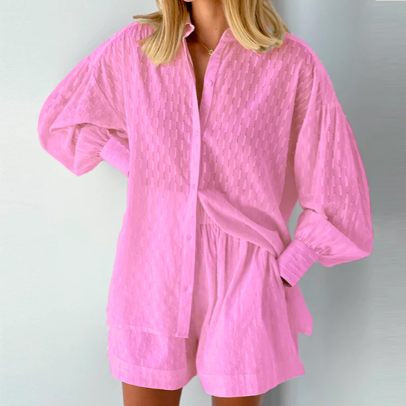 Women’s Textured Two-Piece Set with Button-Up Shirt and Relaxed Shorts