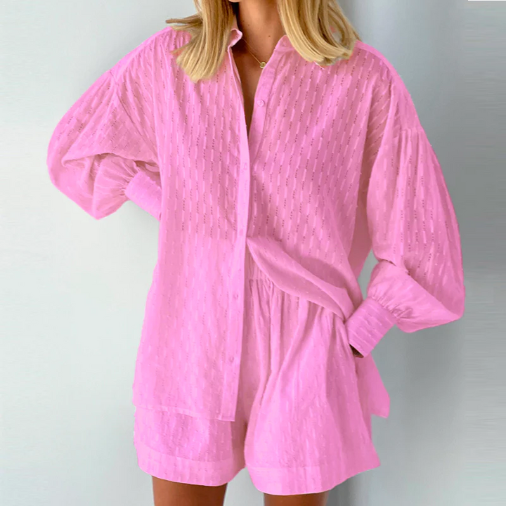 Women’s Textured Two-Piece Set with Button-Up Shirt and Relaxed Shorts