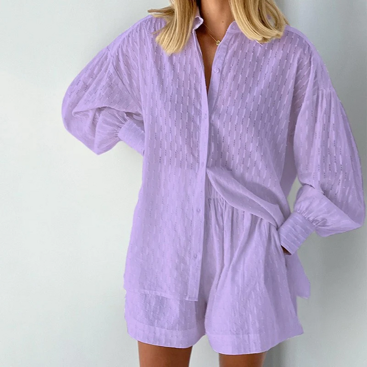 Women’s Textured Two-Piece Set with Button-Up Shirt and Relaxed Shorts