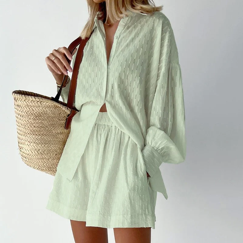 Women’s Textured Two-Piece Set with Button-Up Shirt and Relaxed Shorts