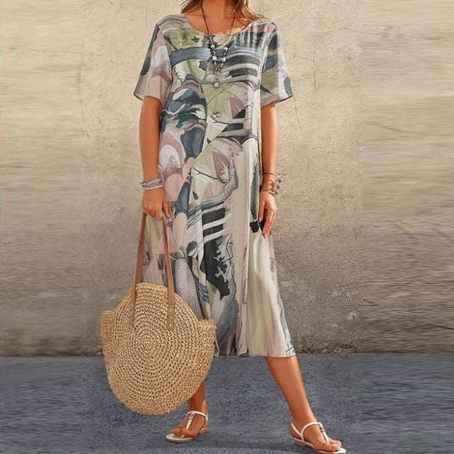 Women’s Relaxed Fit Midi Dress with Short Sleeves and Round Neck