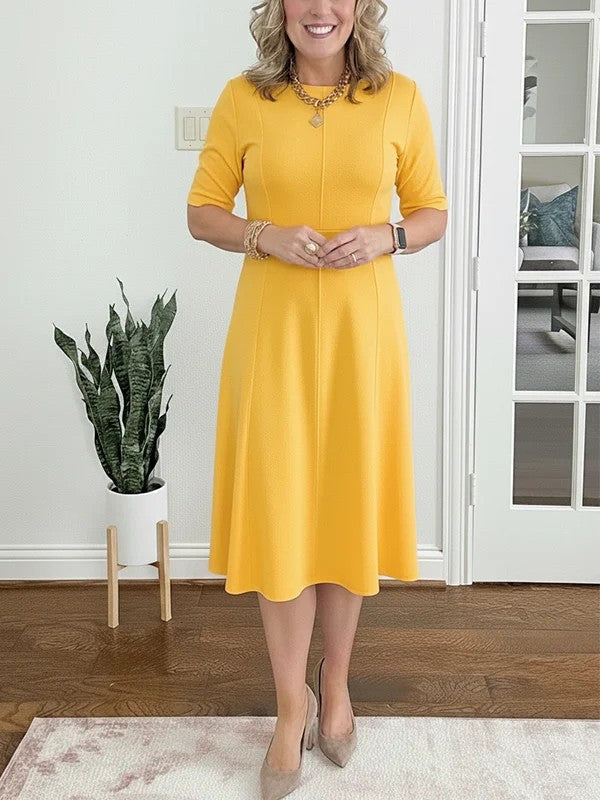Women's Midi Dress with Short Sleeves and Flared Skirt