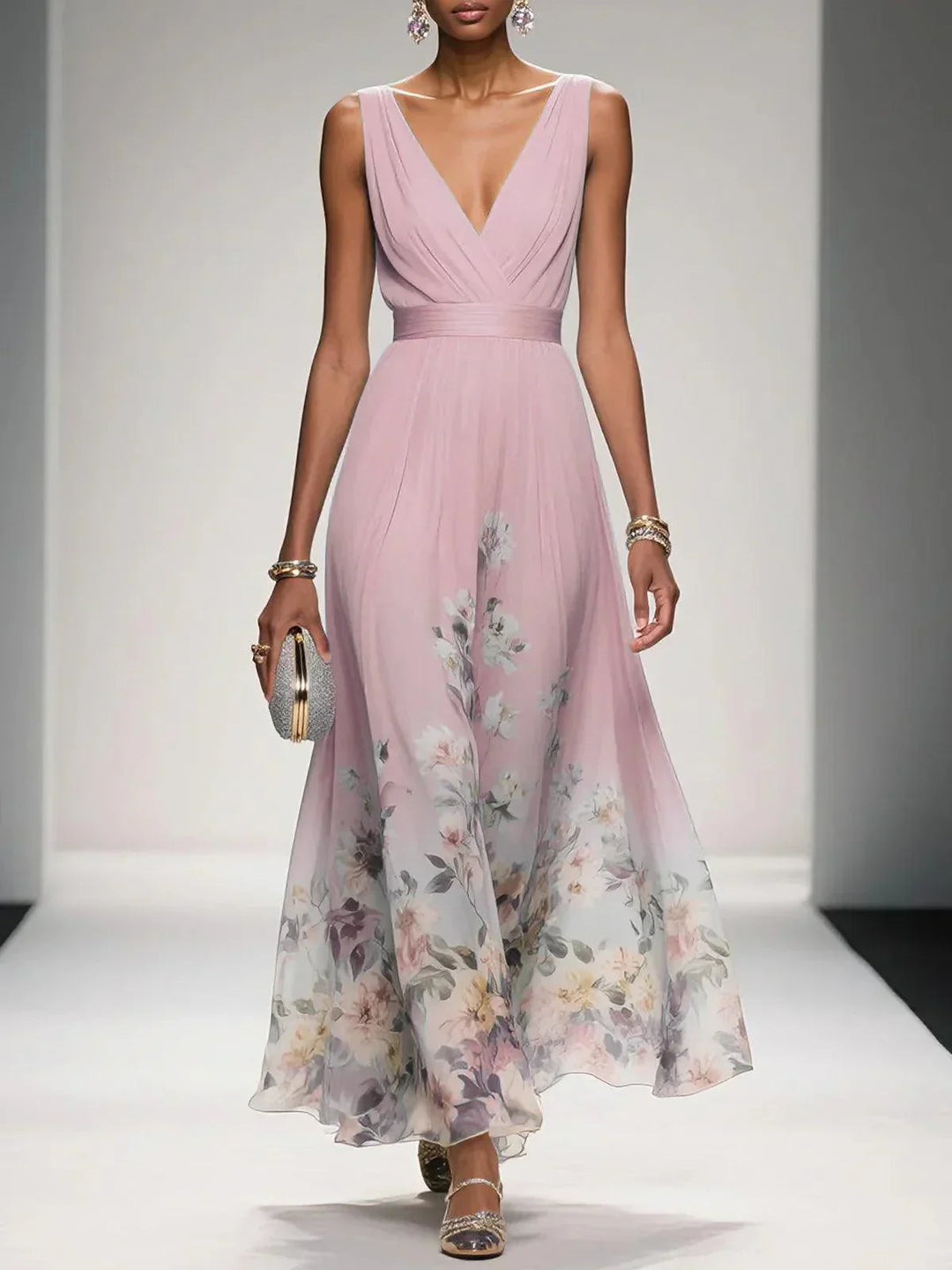 Rose | Light Blue Floral V-Neck Maxi Dress