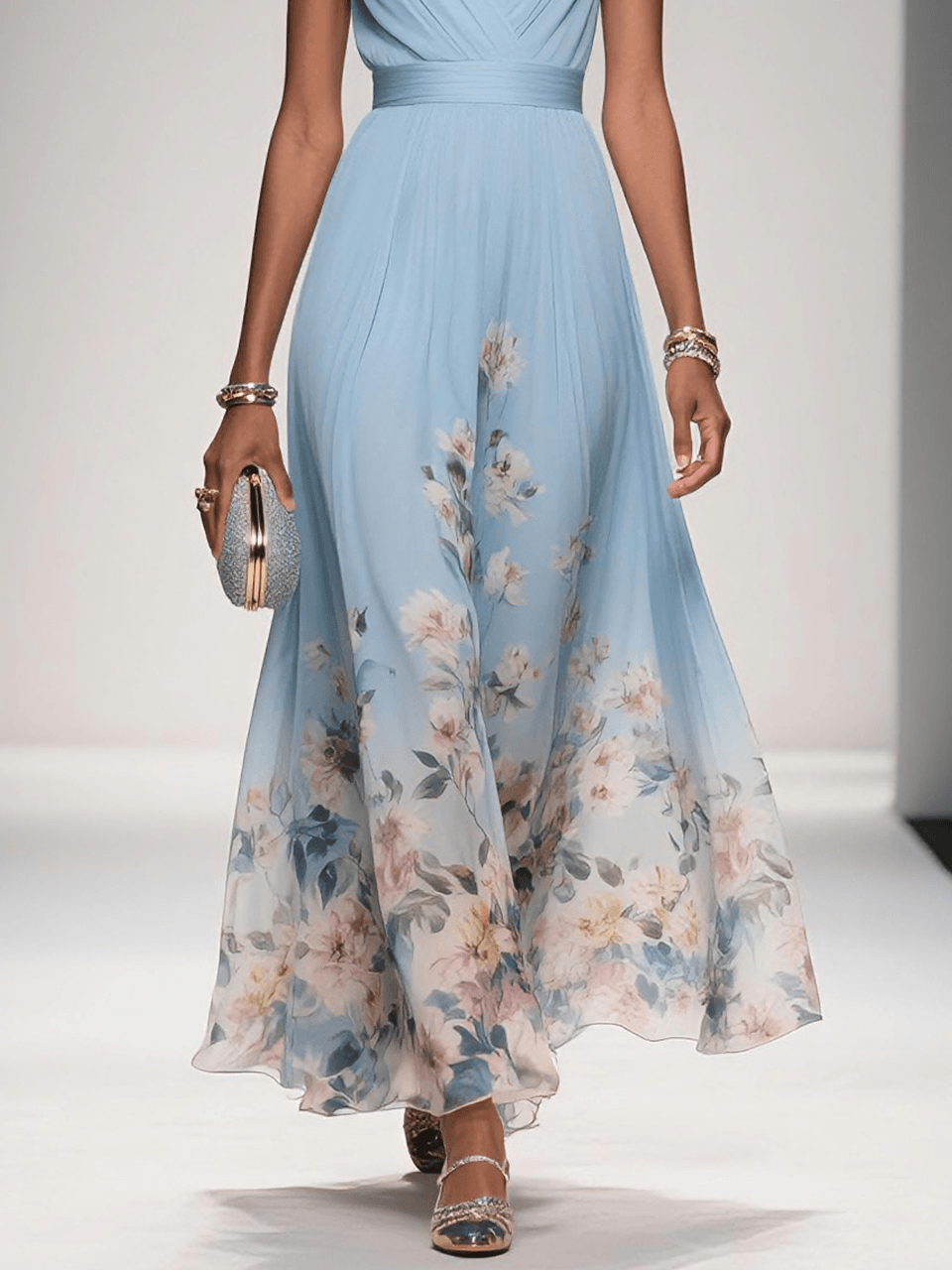 Rose | Light Blue Floral V-Neck Maxi Dress