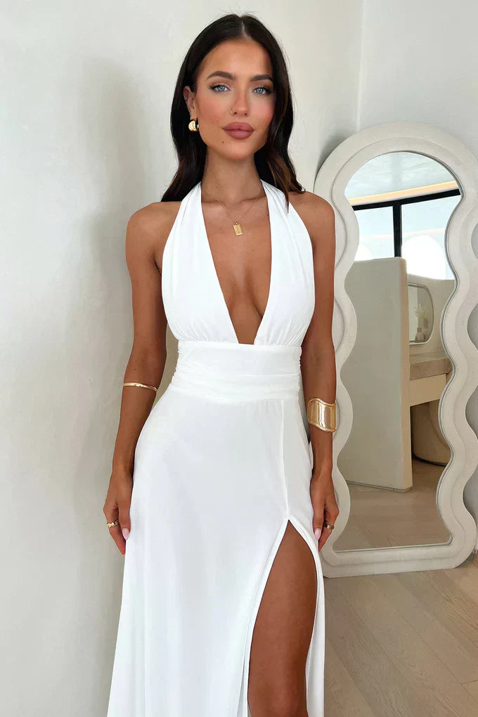 Women’s Elegant Halter Neck Maxi Dress with High Slit