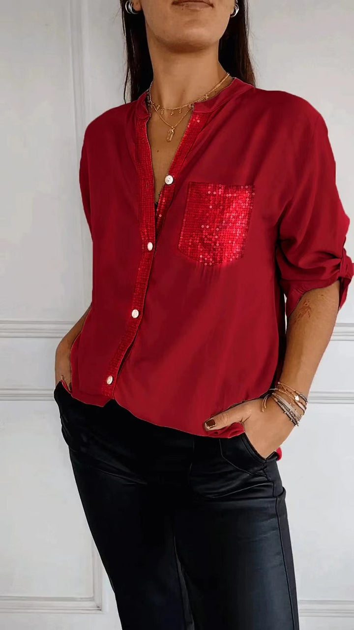 Women’s Casual Button-Up Blouse with Sequin Detail
