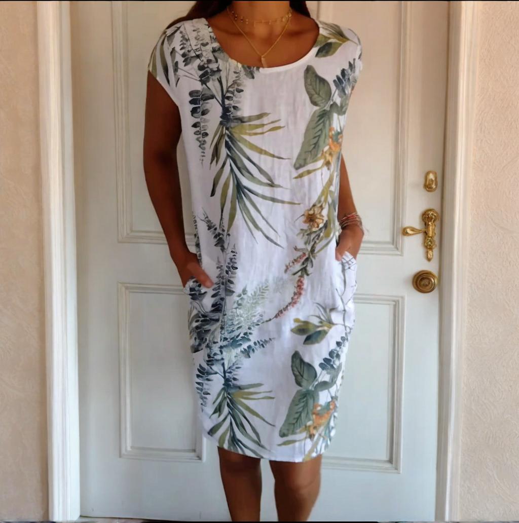 Teres | Round Neck Dress with Botanical Print