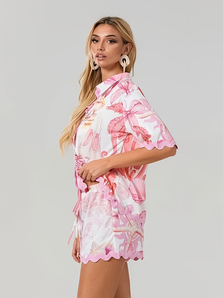 Women's Complete Set: Shirt and Shorts with Print and Ties
