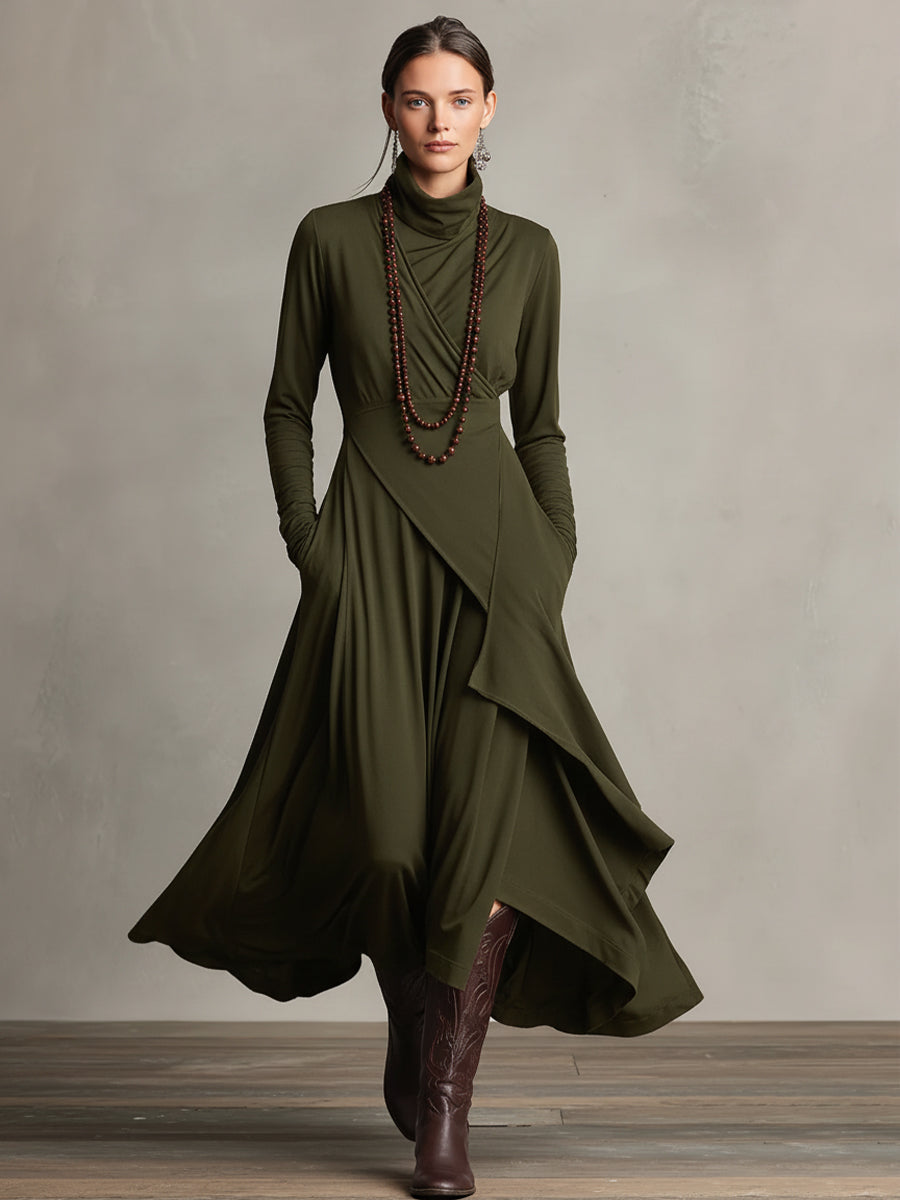 Women's Bohemian Cotton Stretch Turtleneck Asymmetrical Maxi Dress
