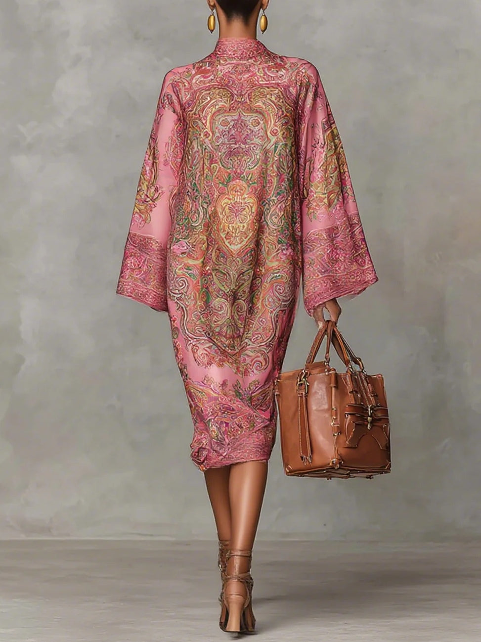 Pink midi dress with paisley pattern, featuring wide sleeves and long sleeves.