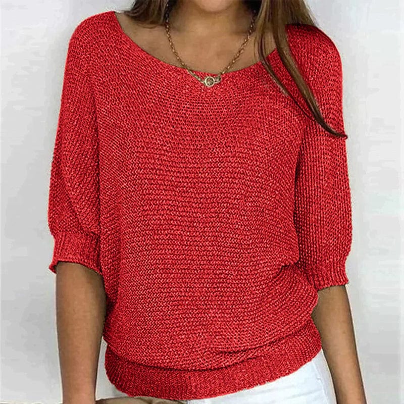 Solid Color Sweater with Round Neck and 3/4 Sleeves