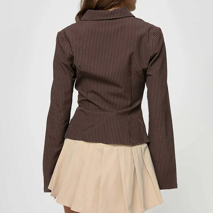 Women's Ribbed Stripe Button-Through Blouse - Long Flared Sleeve and Point Collar