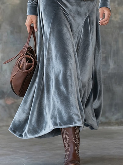 Gray Velvet Maxi Dress with Lapels and Metal Buttons (with belt)
