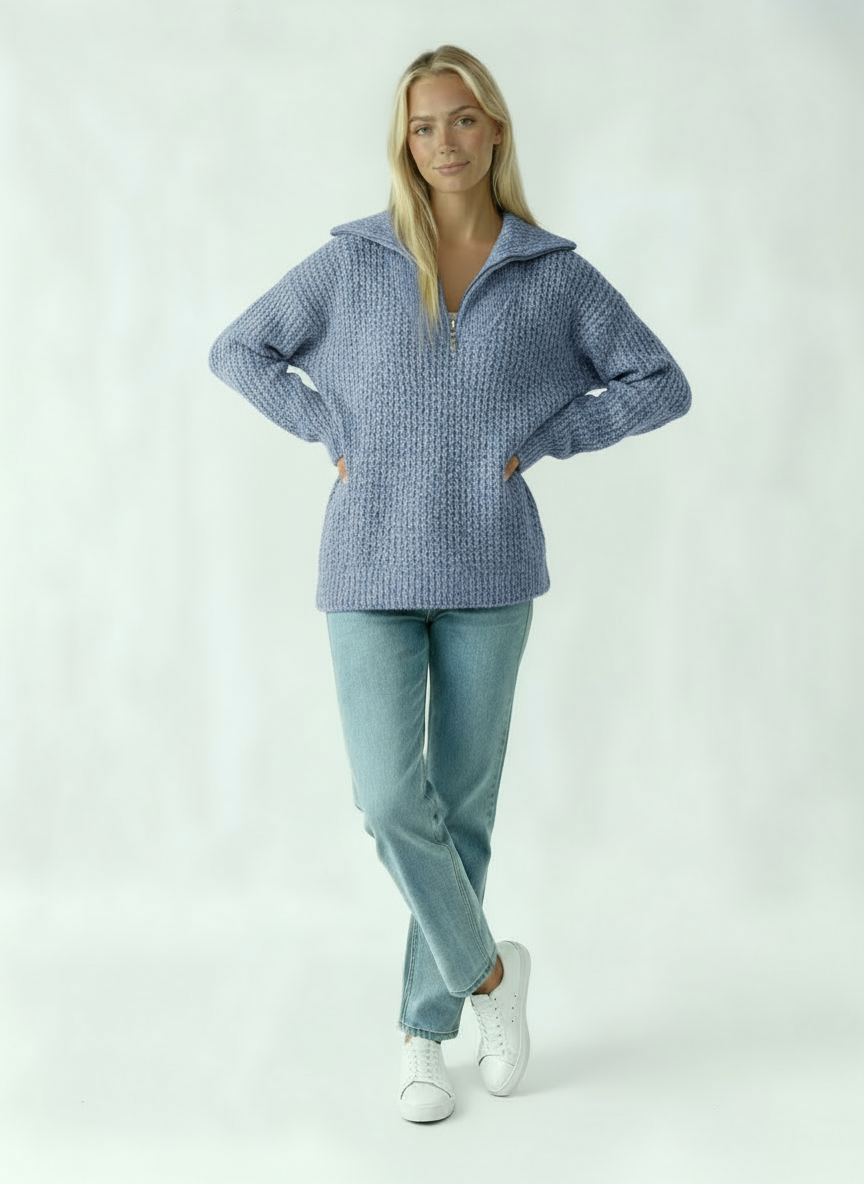 Women's Sweater with Zipper | Thick Knit Sweater with Collar
