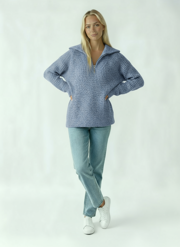 Women's Sweater with Zipper | Thick Knit Sweater with Collar