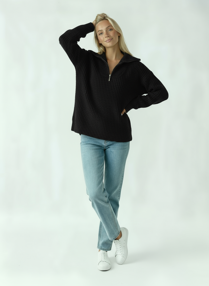 Women's Sweater with Zipper | Thick Knit Sweater with Collar