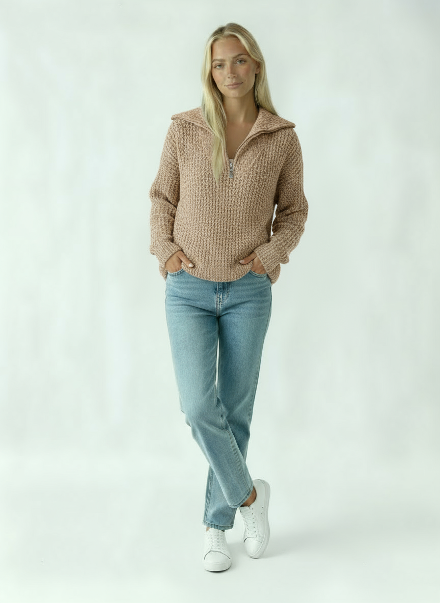 Women's Sweater with Zipper | Thick Knit Sweater with Collar