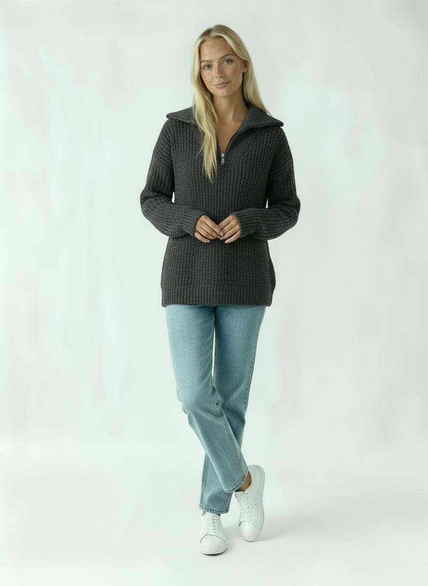Women's Sweater with Zipper | Thick Knit Sweater with Collar