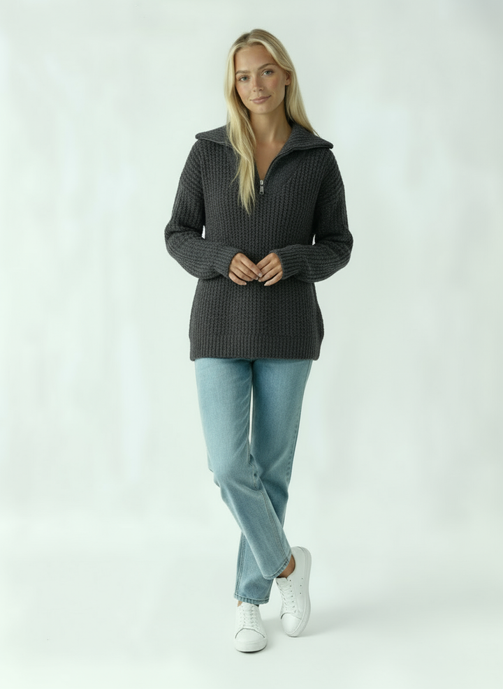 Women's Sweater with Zipper | Thick Knit Sweater with Collar