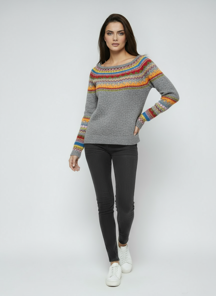 Women's Wool Sweater | Gray Sweater with Colorful Pattern and Round Neck