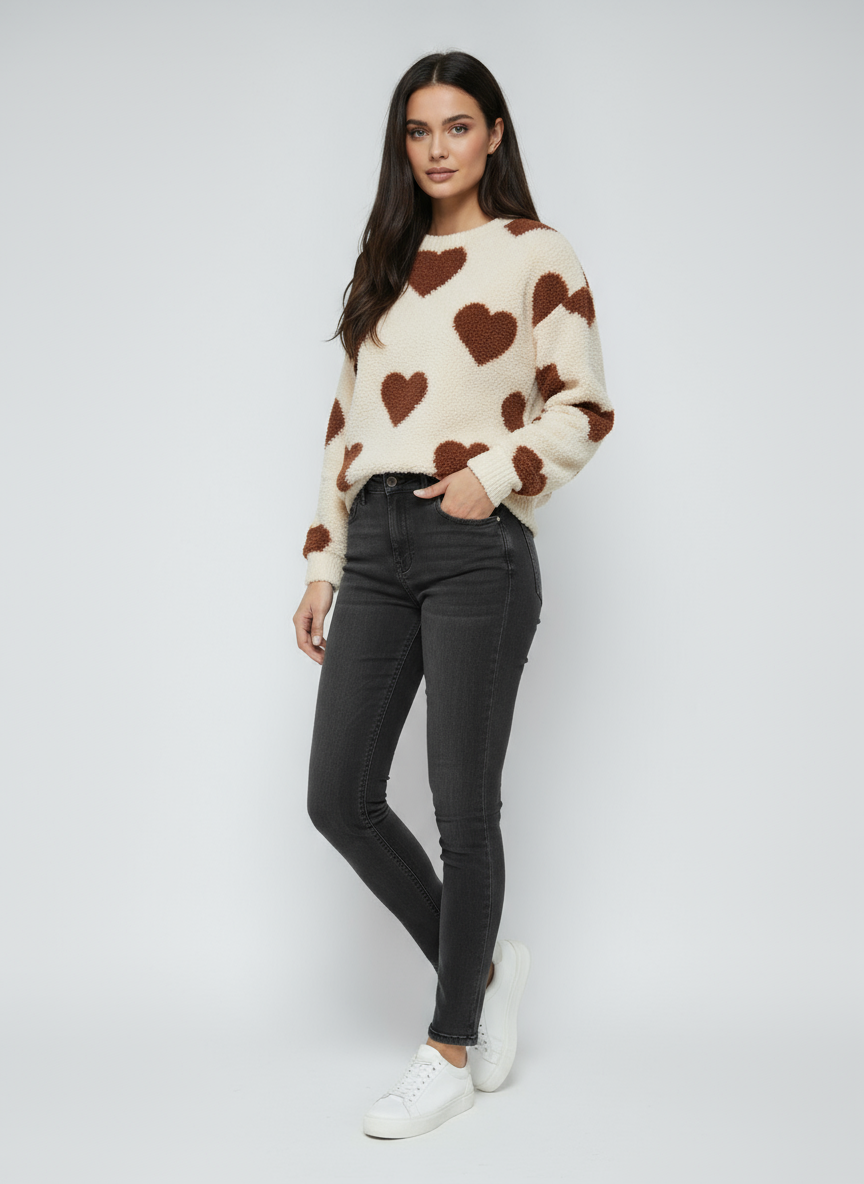 Women's Sweater with Hearts | Soft Sweater with Pattern and Long Sleeves