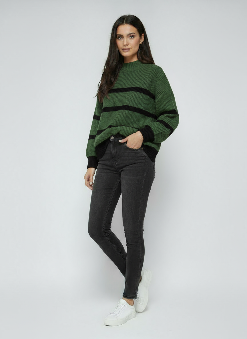 Women's Striped Sweater | Thick Oversized Turtleneck with Long Sleeves